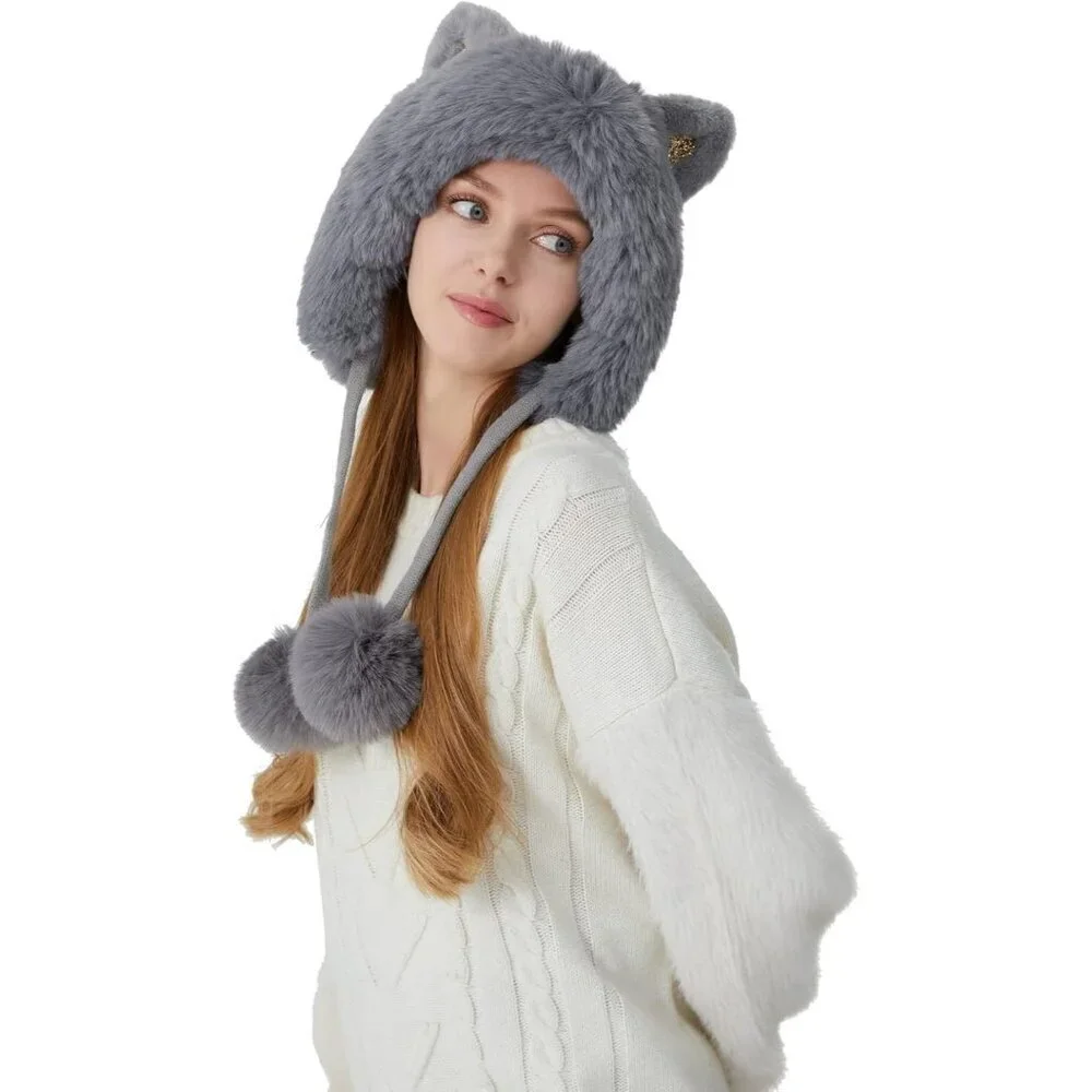 Women Grey Solid Winter Peruvian Cover Ears Beanie Hat Ear Flaps Sherpa Snow